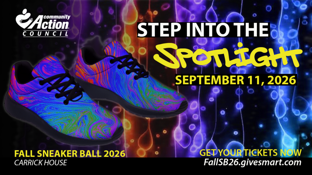 Flyer for Fall Sneaker Ball 2026 reads, "Step into the spotlight. September 11, 2026. Carrick House. Get your tickets now. FallSB26.GiveSmart.com" Tennis shoes with a multi-color marbled blacklight paint design and a multi-colored lava lamp style background.